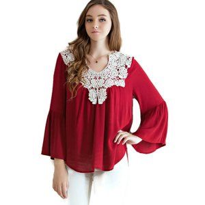 Entro Bell Sleeve Crochet Top, Burgundy